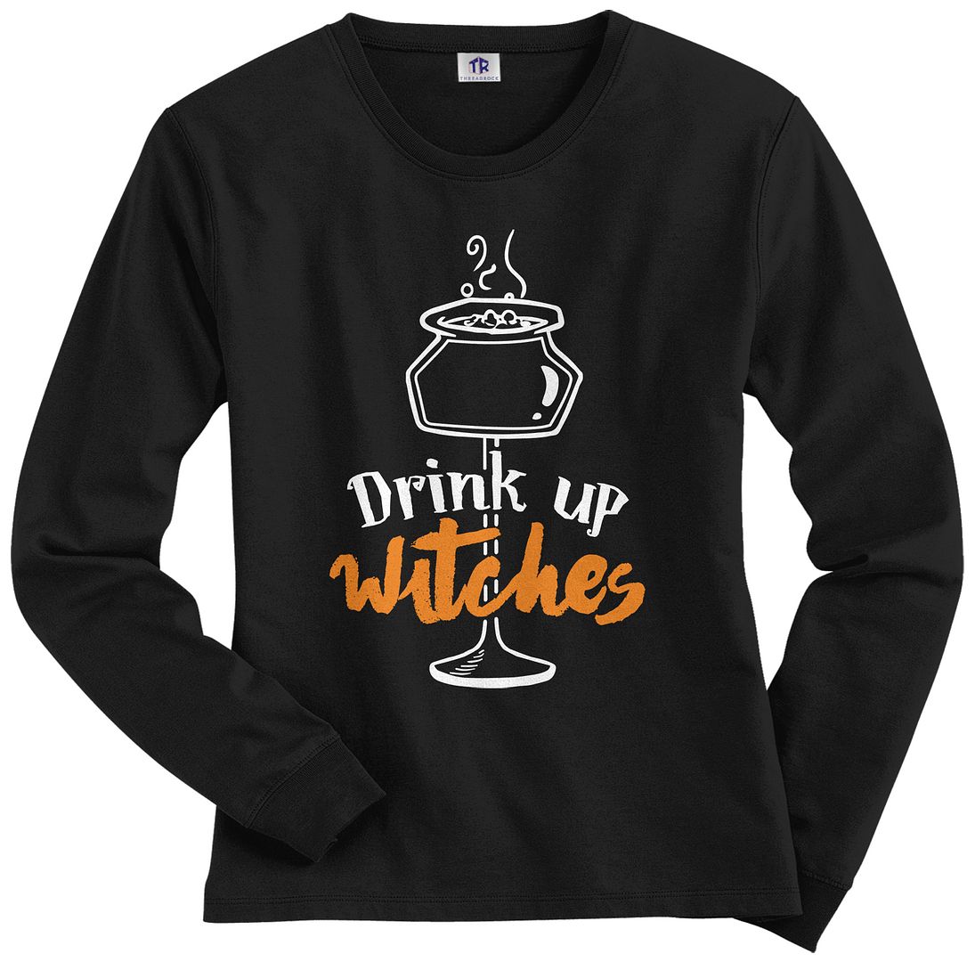 Threadrock Women's Drink Up Witches Long Sleeve T-shirt Funny Halloween - Picture 2 of 8