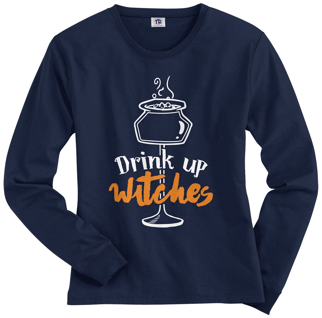 Threadrock Women's Drink Up Witches Long Sleeve T-shirt Funny Halloween - Picture 5 of 8