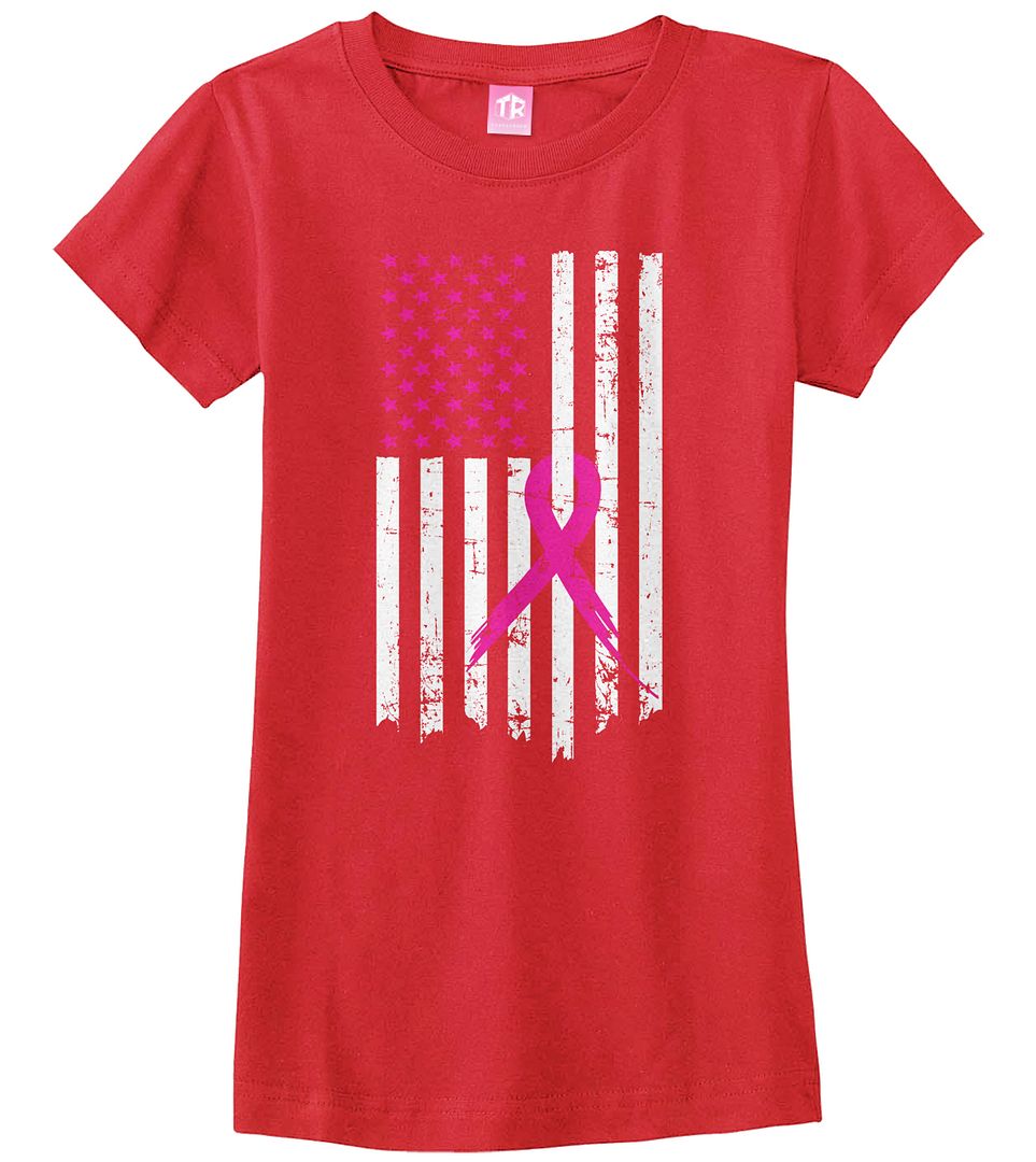 American Flag Breast Cancer Girls Fitted T-Shirt Pink Ribbon - Picture 7 of 9