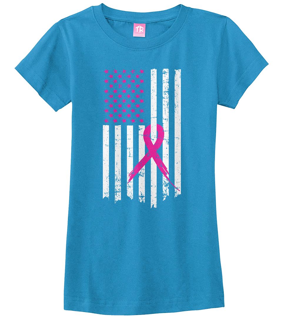 American Flag Breast Cancer Girls Fitted T-Shirt Pink Ribbon - Picture 9 of 9
